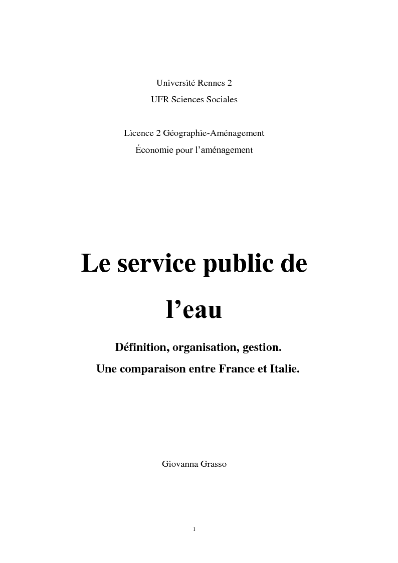 Anteprima della tesi: Le service public de l’eau. Définition, organisation et gestion. Une comparaison entre France et Italie, Pagina 1