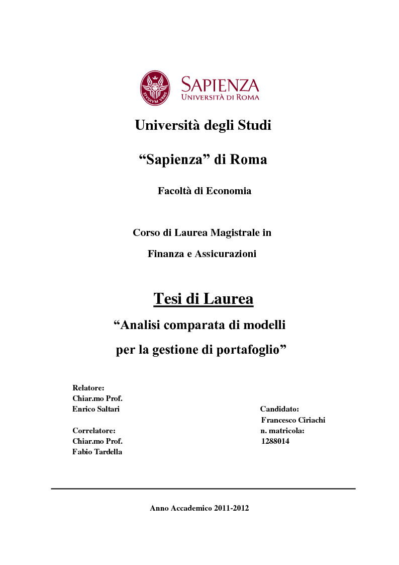 Anteprima della tesi: Analisi comparata di modelli per la gestione di portafoglio, Pagina 1