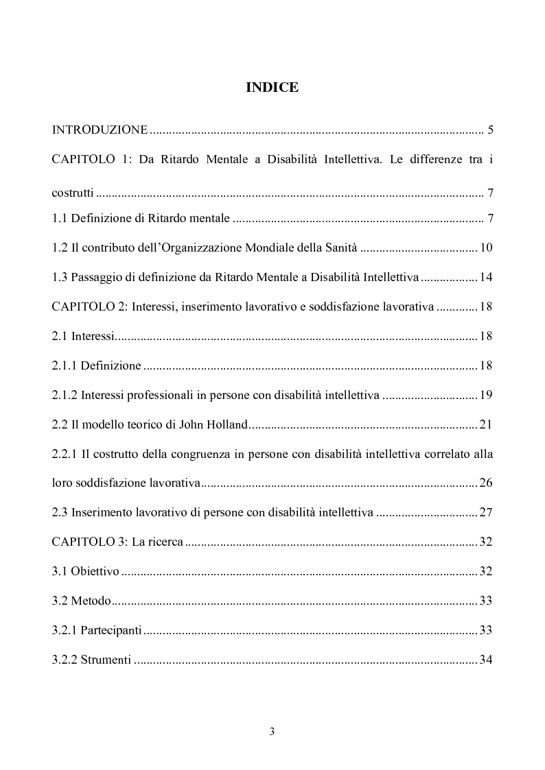 Indice della tesi: Interessi e Soddisfazione Lavorativa in un Gruppo di Persone con Menomazione Intellettiva, Pagina 1