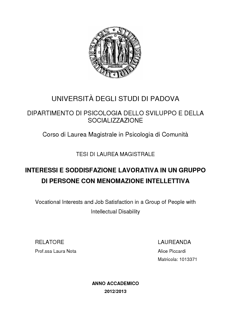 Anteprima della tesi: Interessi e Soddisfazione Lavorativa in un Gruppo di Persone con Menomazione Intellettiva, Pagina 1