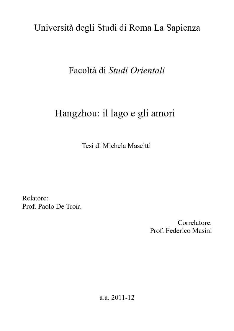 Anteprima della tesi: Hangzhou: il lago e gli amori, Pagina 1