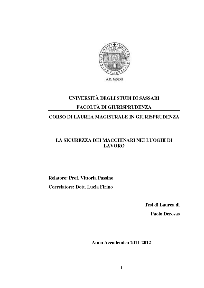 Anteprima della tesi: La sicurezza dei macchinari nei luoghi di lavoro, Pagina 1