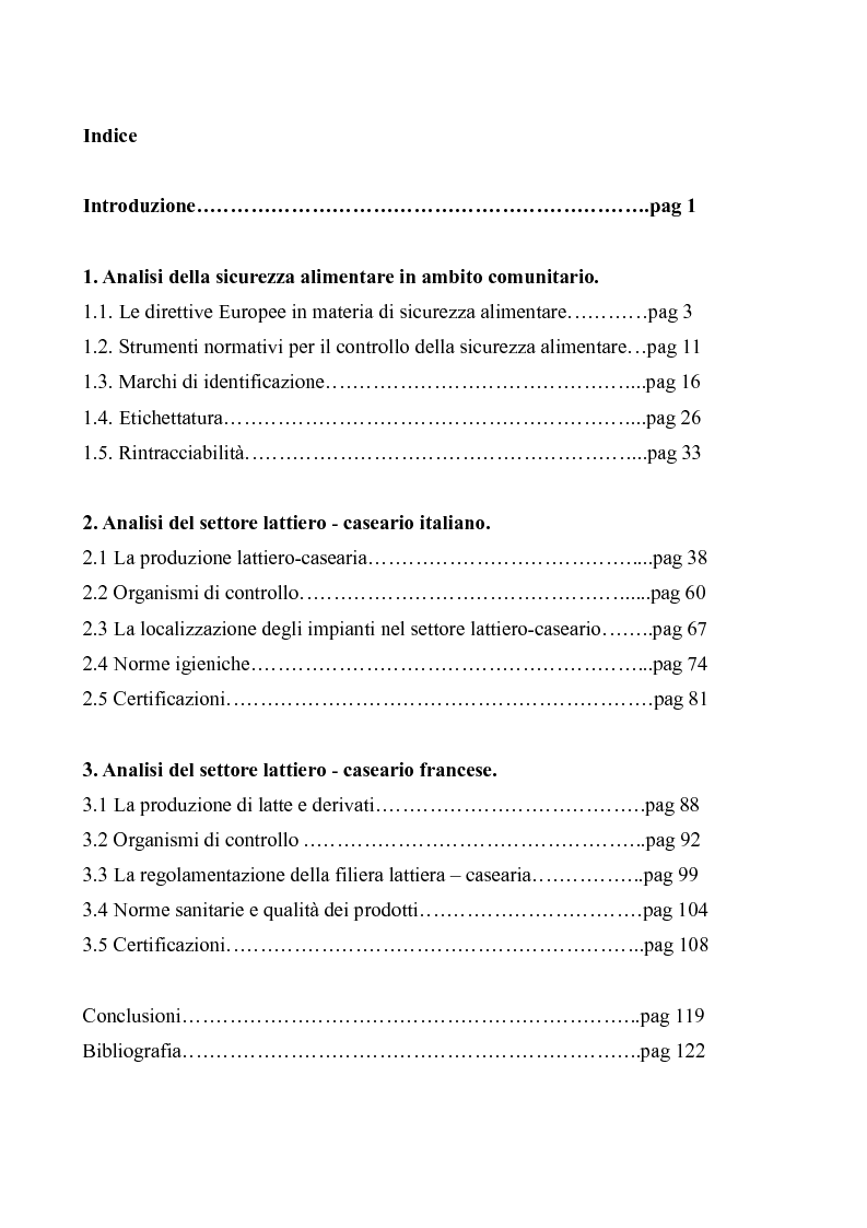 Indice della tesi: Tutela dei prodotti alimentari tipici in Italia e in Francia: il settore lattiero-caseario, Pagina 1