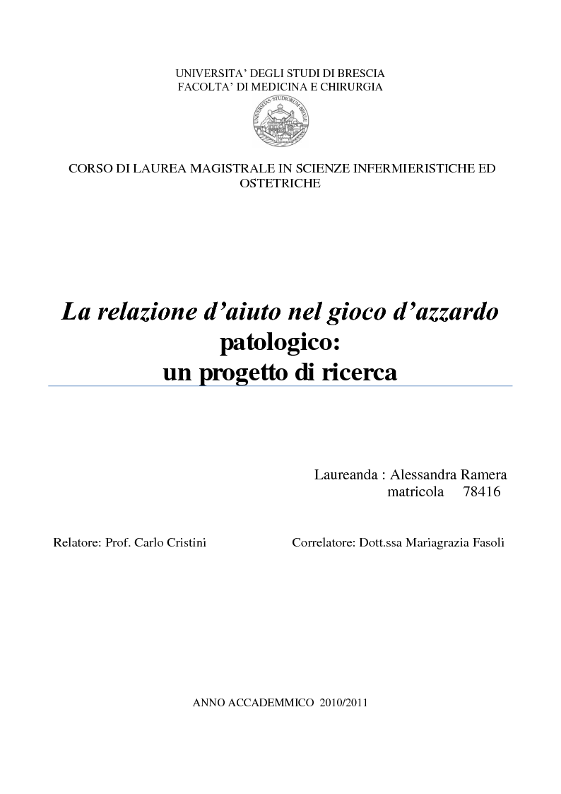 Anteprima della tesi: La relazione d'aiuto nel gioco d'azzardo patologico: un progetto di ricerca, Pagina 1