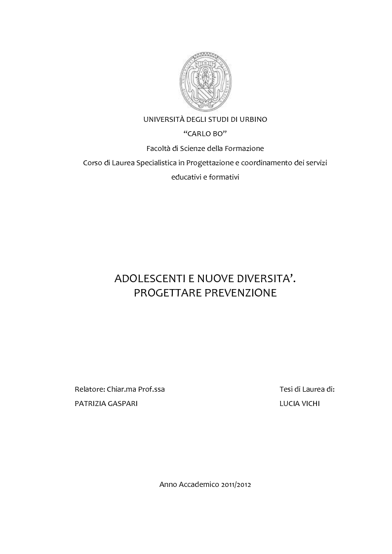 Anteprima della tesi: Adolescenti e Nuove diversità. Progettare Prevenzione, Pagina 1