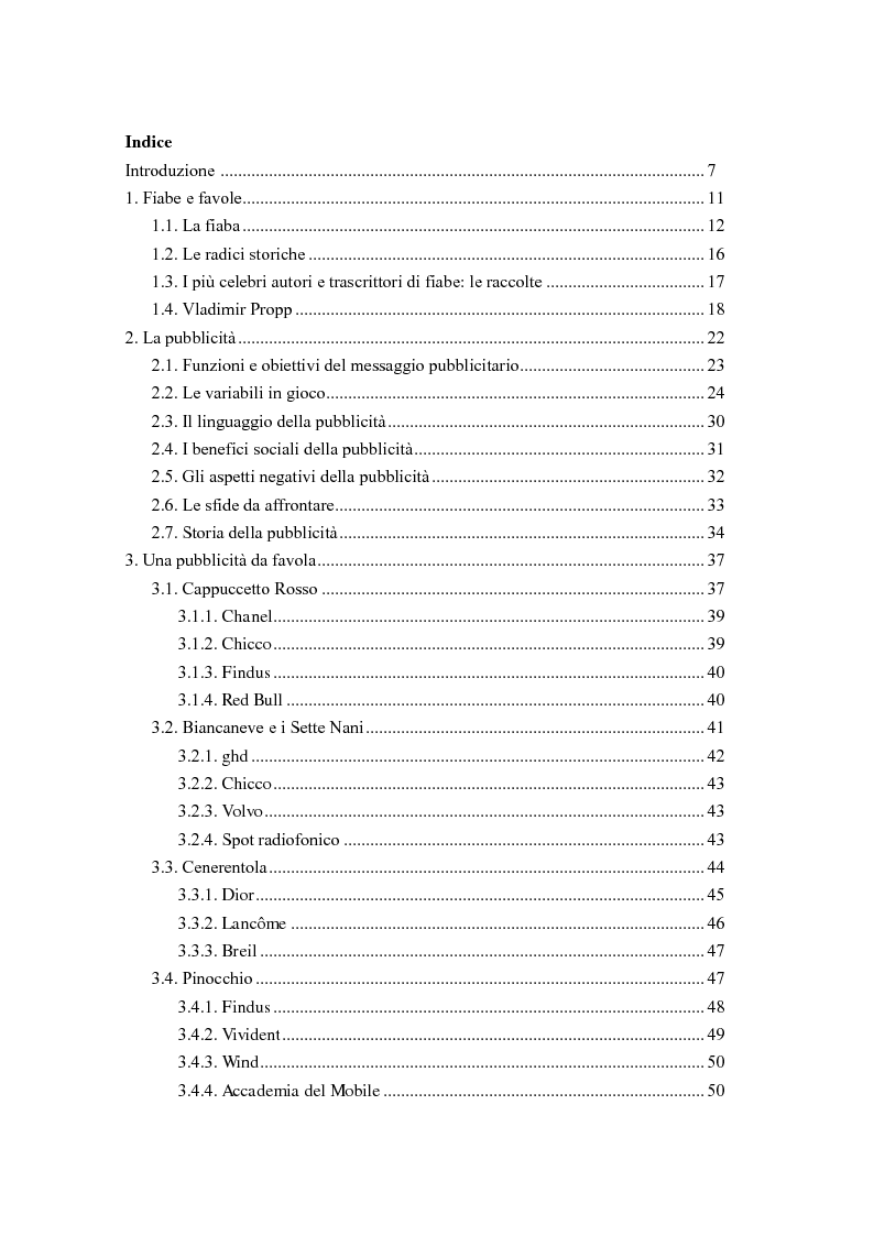 Indice della tesi: 30 secondi da favola: quando il mondo delle fiabe incontra quello della pubblicità, Pagina 1