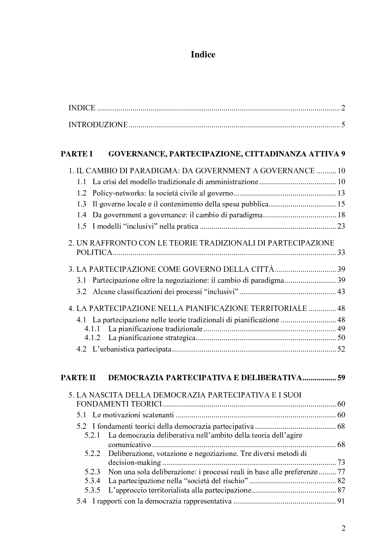 Indice della tesi: Partecipazione, cittadinanza attiva e nuovi modelli di governance. Uno studio di caso nell’area genovese, Pagina 1