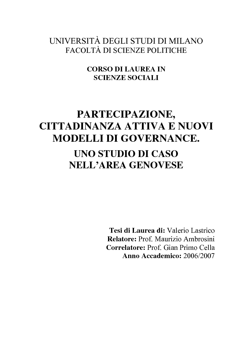 Anteprima della tesi: Partecipazione, cittadinanza attiva e nuovi modelli di governance. Uno studio di caso nell’area genovese, Pagina 1