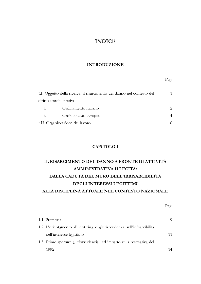 Indice della tesi: Il risarcimento del danno contro gli atti amministrativi illeciti: rapporto tra ordinamento italiano ed europeo, Pagina 1