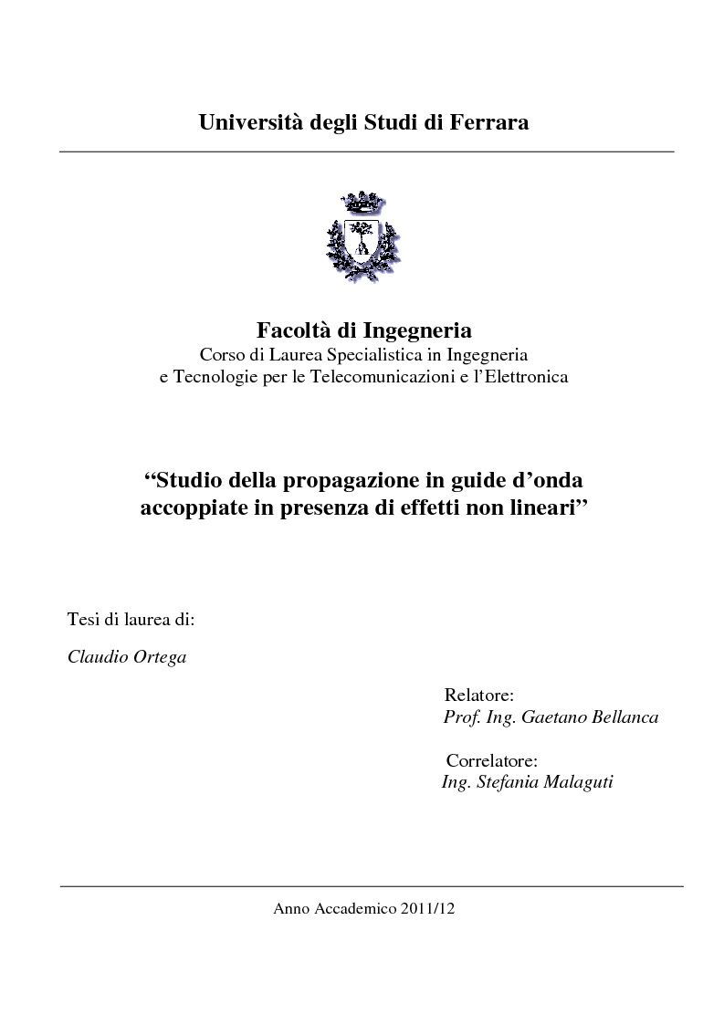 Anteprima della tesi: Studio della propagazione in guide d'onda accoppiate in presenza di effetti non lineari, Pagina 1