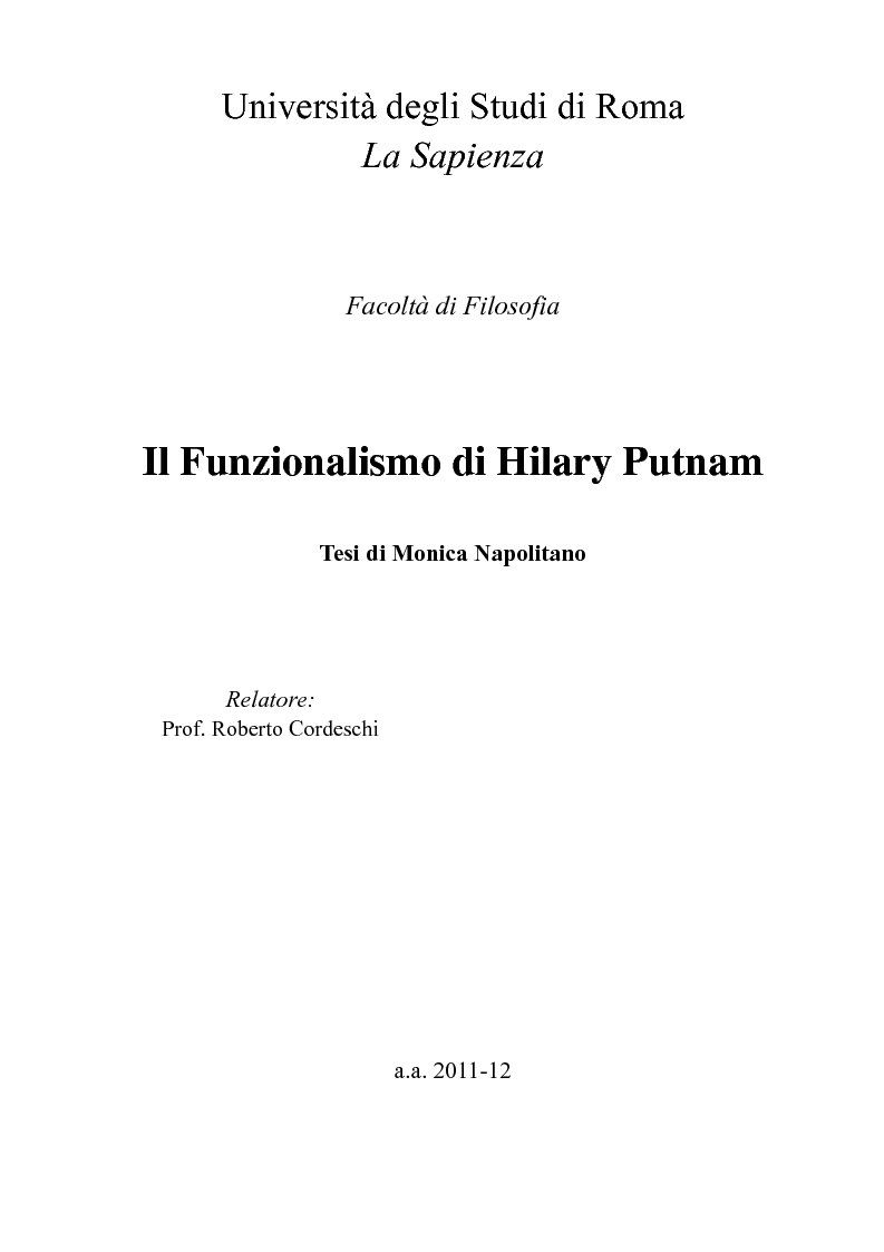 Anteprima della tesi: Il Funzionalismo di Hilary Putnam, Pagina 1