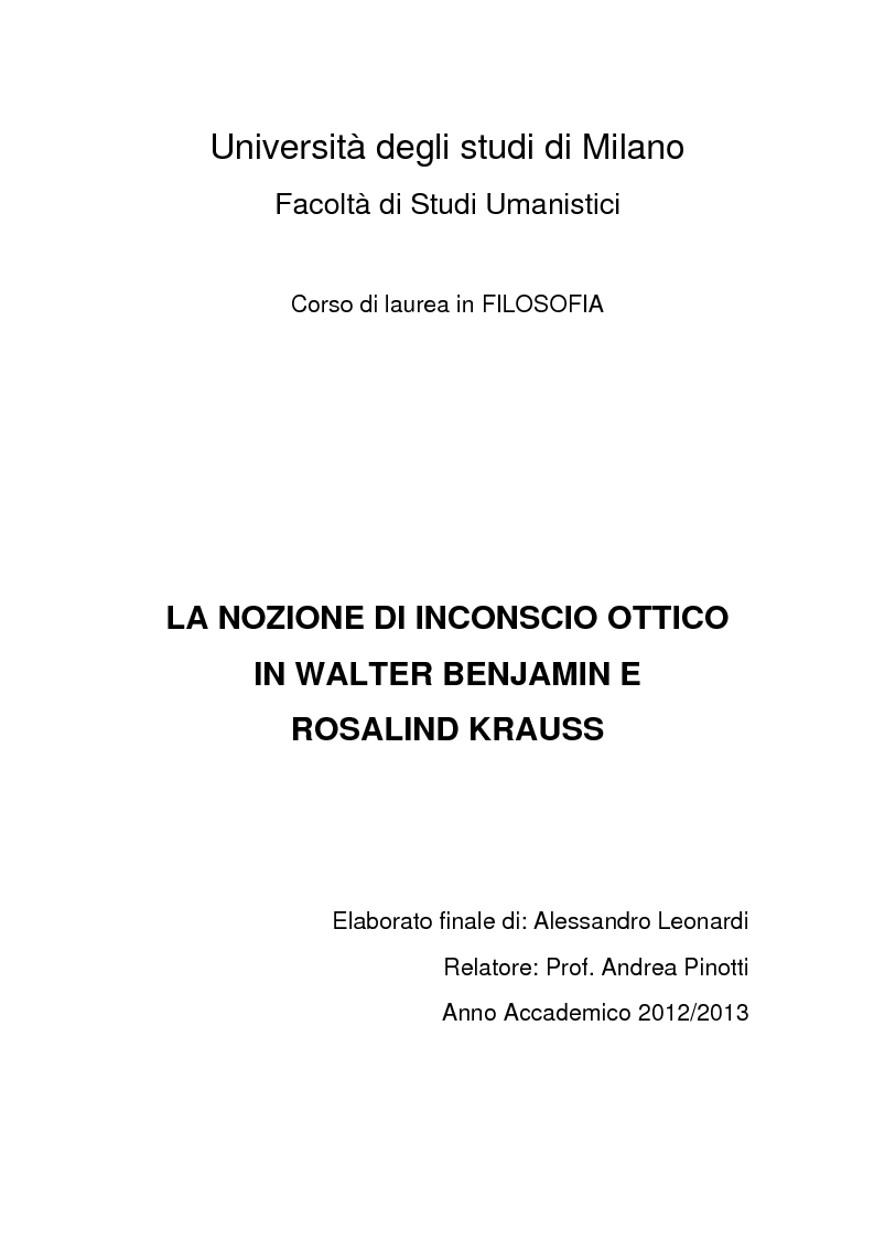 Anteprima della tesi: L'inconscio ottico in Walter Benjamin e Rosalind Krauss, Pagina 1
