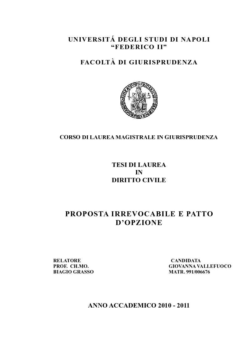 Anteprima della tesi: Proposta irrevocabile e patto d’opzione, Pagina 1