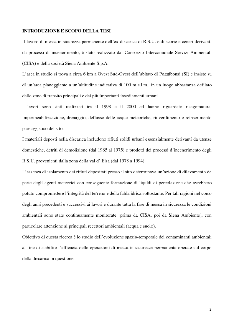 Anteprima della tesi: Monitoraggio della efficacia della bonifica di una discarica per RSU e scorie di incenerimento in località Pian de’ Foci – Poggibonsi (SI), Pagina 3