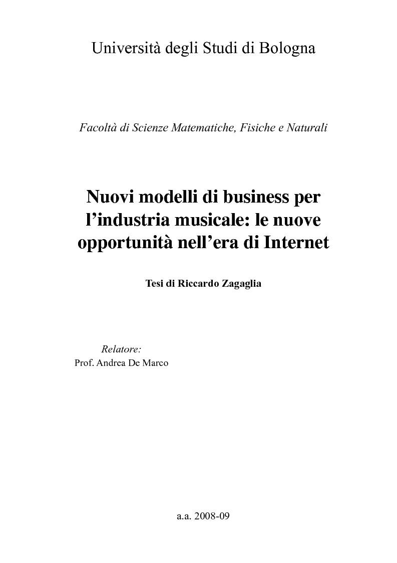 Anteprima della tesi: Nuovi modelli di business per l’industria musicale: le nuove opportunità nell’era di Internet, Pagina 1