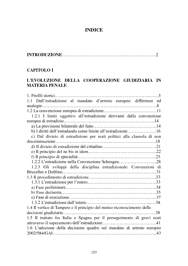 Indice della tesi: Le procedure di consegna: dall'estradizione al mandato di arresto europeo, Pagina 1