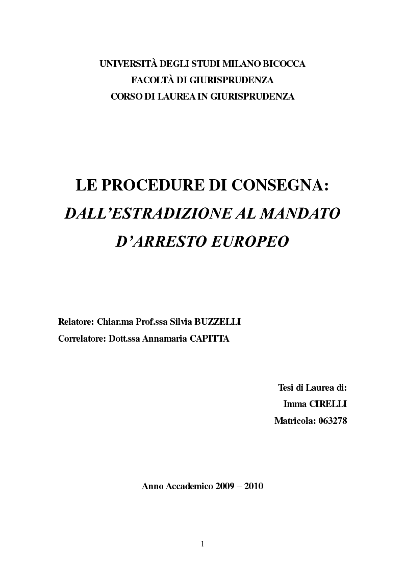 Anteprima della tesi: Le procedure di consegna: dall'estradizione al mandato di arresto europeo, Pagina 1