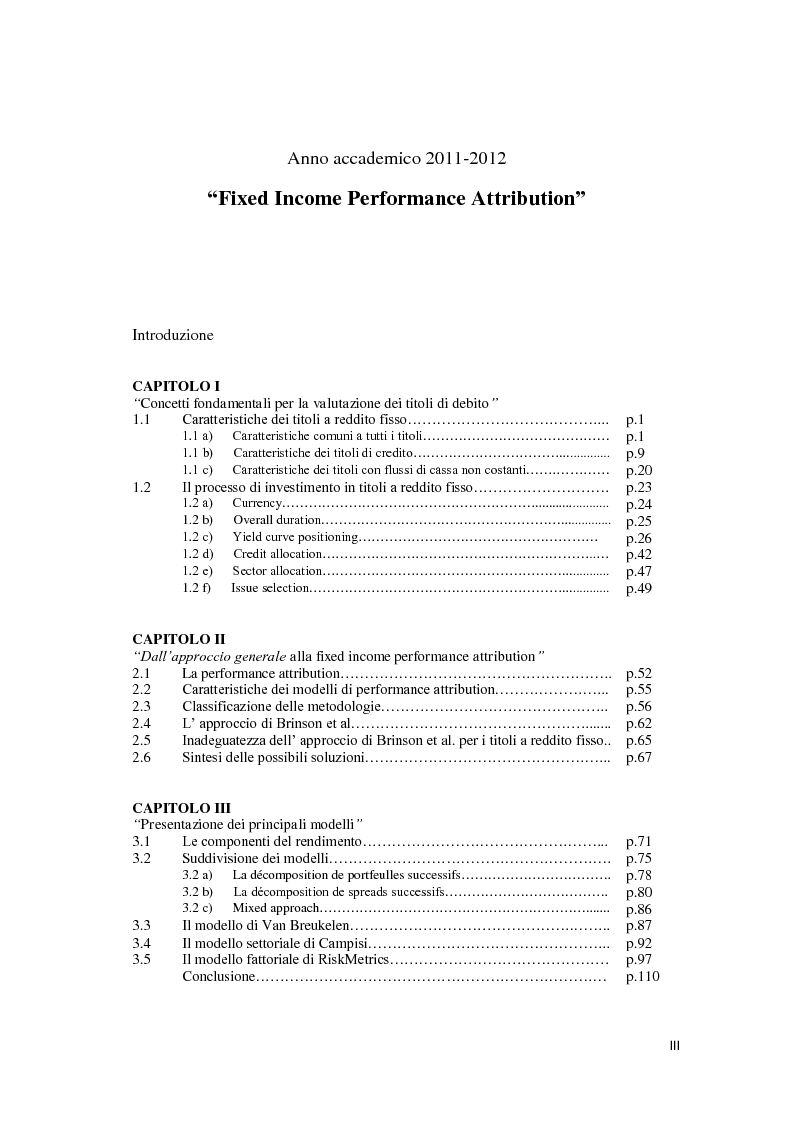 Indice della tesi: Fixed Income Performance Attribution, Pagina 1