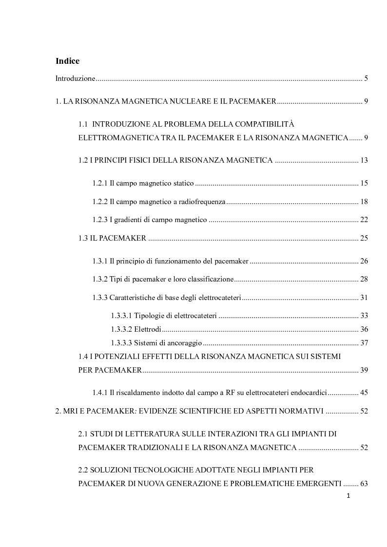 Indice della tesi: Valutazione sperimentale del riscaldamento indotto da risonanza magnetica su pacemaker di ultima generazione, Pagina 1