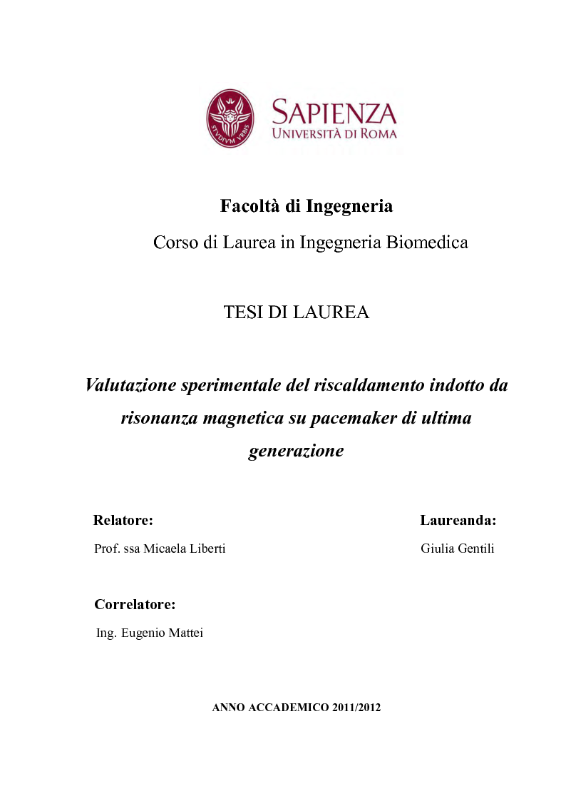 Anteprima della tesi: Valutazione sperimentale del riscaldamento indotto da risonanza magnetica su pacemaker di ultima generazione, Pagina 1