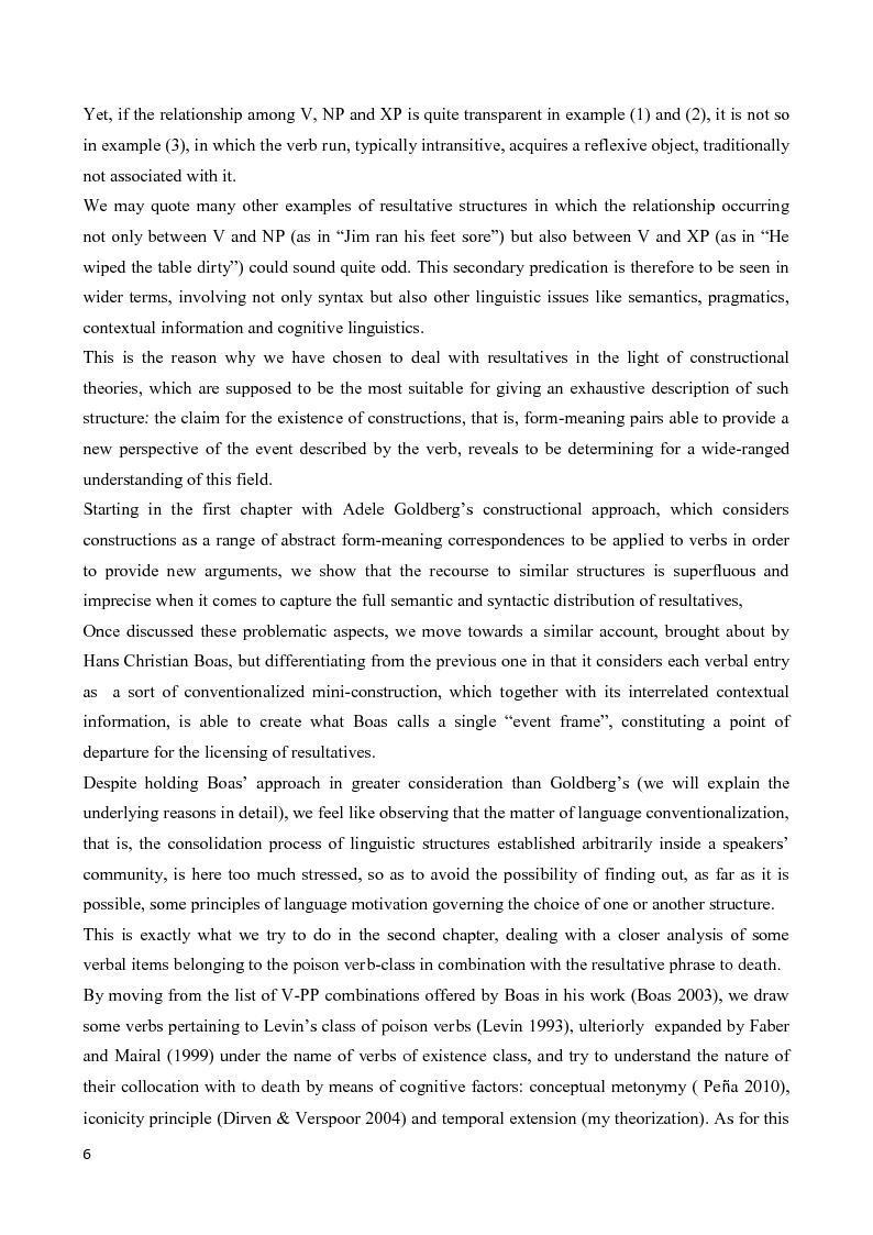 Anteprima della tesi: ''On the bridge between life and death''. Resultatives in English and German, with reference to ''Poison Verbs + to death'' combinations - a constructional/cognitive account, Pagina 3