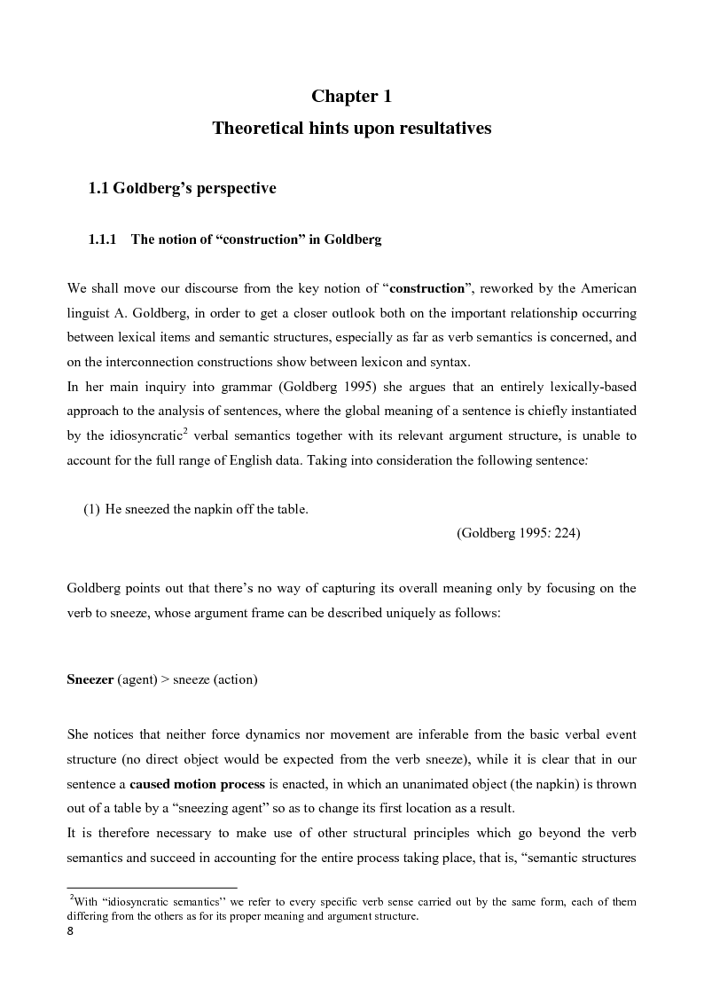 Anteprima della tesi: ''On the bridge between life and death''. Resultatives in English and German, with reference to ''Poison Verbs + to death'' combinations - a constructional/cognitive account, Pagina 5