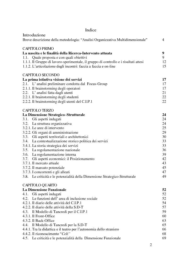 Indice della tesi: Analisi Organizzativa Multidimensionale come strumento di miglioramento della comunicazione interna nel no profit, Pagina 1