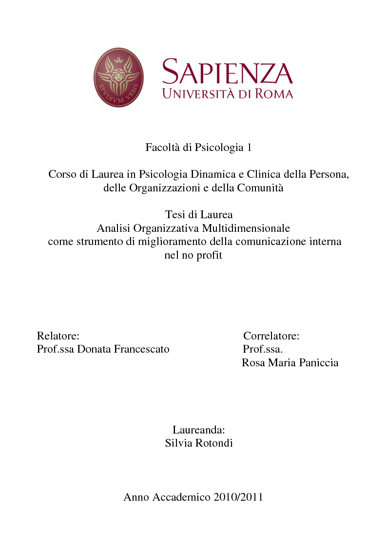 Anteprima della tesi: Analisi Organizzativa Multidimensionale come strumento di miglioramento della comunicazione interna nel no profit, Pagina 1