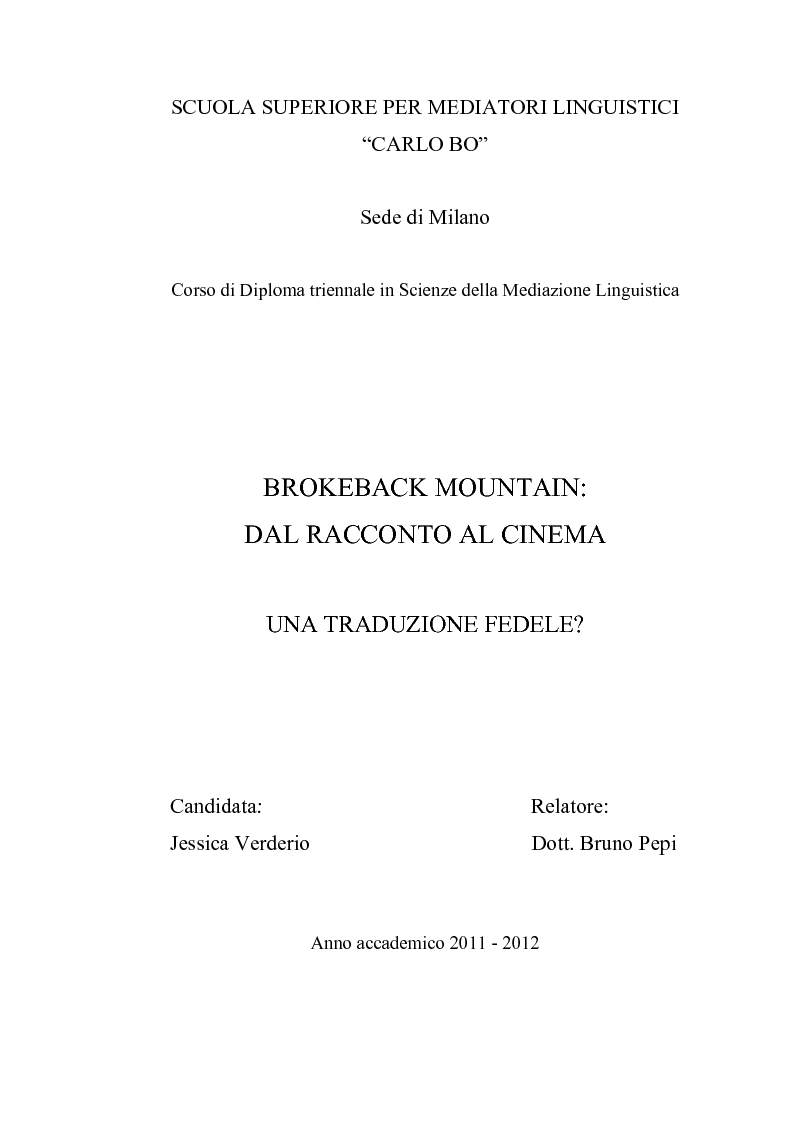 Anteprima della tesi: Brokeback Mountain: dal racconto al cinema. Una traduzione fedele?, Pagina 1