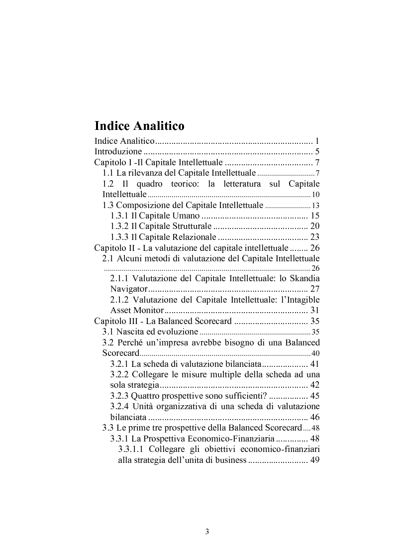 Indice della tesi: Balanced Scorecard: Un modello significativo per la valutazione del Capitale Intellettuale , Pagina 1