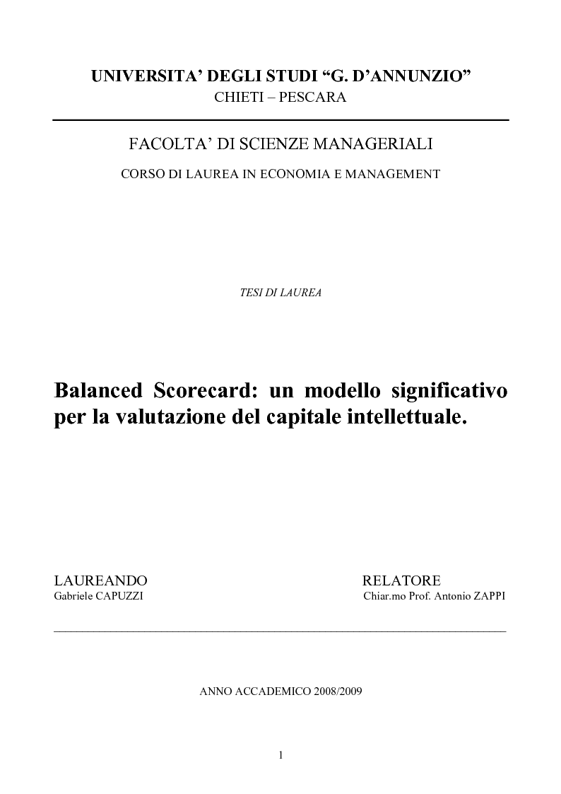 Anteprima della tesi: Balanced Scorecard: Un modello significativo per la valutazione del Capitale Intellettuale , Pagina 1