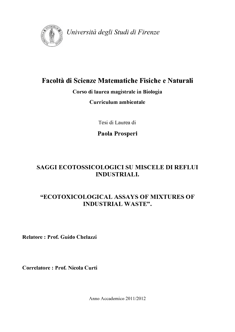 Anteprima della tesi: Saggi ecotossicologici su miscele di reflui industriali, Pagina 1