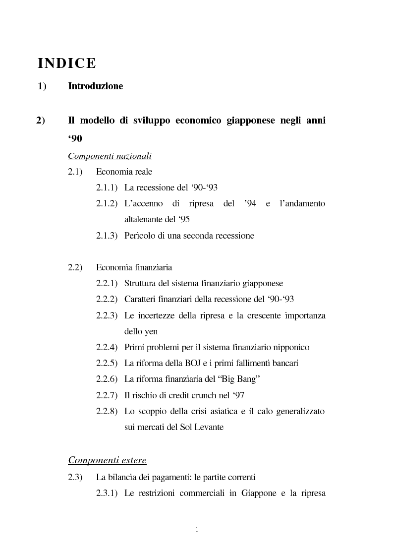 Indice della tesi: La crisi del sistema bancario-finanziario giapponese e le sue interrelazioni col sistema monetario internazionale, Pagina 1