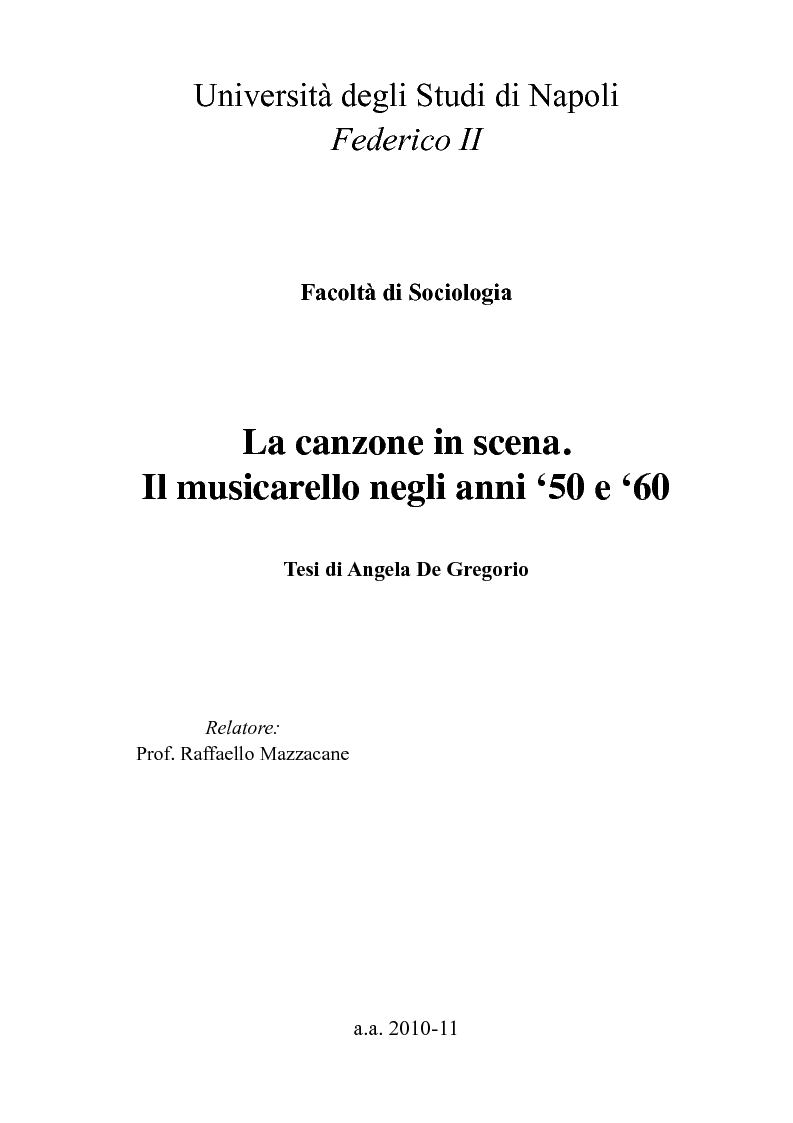 Anteprima della tesi: La canzone in scena. Il musicarello negli anni 50 e 60, Pagina 1