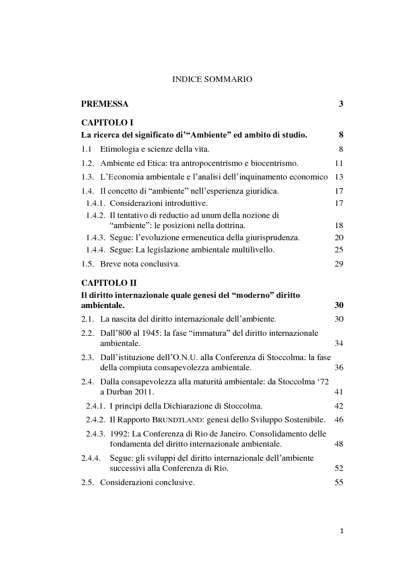 Indice della tesi: Profili evolutivi della politica ambientale in ambito europeo, Pagina 1