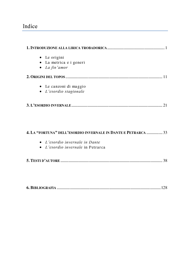 Indice della tesi: L'esordio invernale nei trovatori, Pagina 1