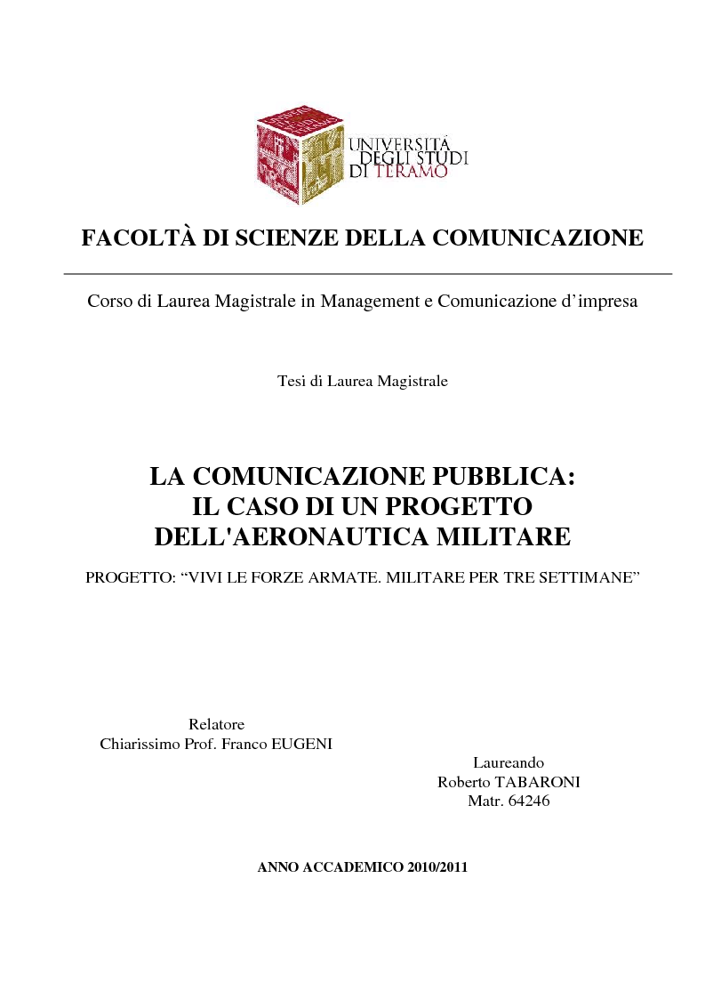 Anteprima della tesi: La Comunicazione Pubblica: Il Caso di un Progetto dell'Aeronautica Militare, Pagina 1