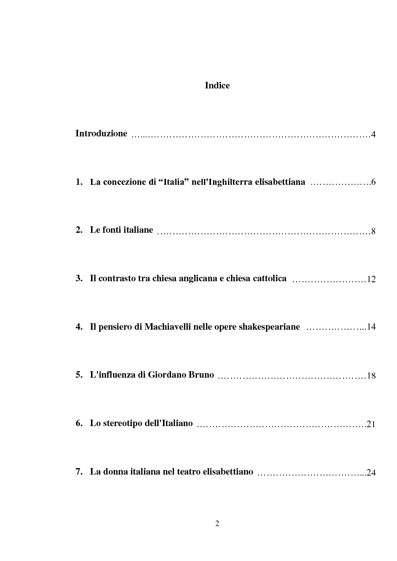 Indice della tesi: Rappresentazione dell'Italia sulla Scena Elisabettiana, Pagina 1