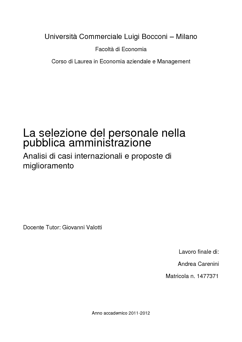Anteprima della tesi: La selezione del personale nella pubblica amministrazione. Analisi di casi internazionali e proposte di miglioramento., Pagina 1