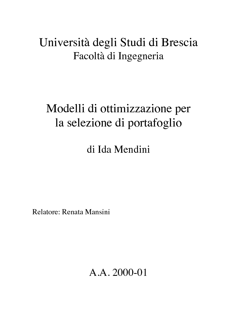Anteprima della tesi: Modelli di ottimizzazione per la selezione di portafoglio, Pagina 1