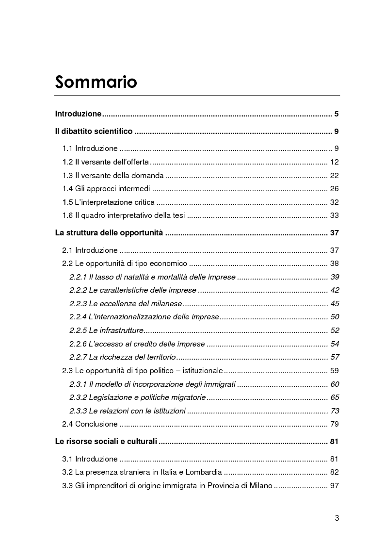 Indice della tesi: Imprenditoria immigrata in Provincia di Milano. Opportunità economiche, istituzionali e sociali., Pagina 1
