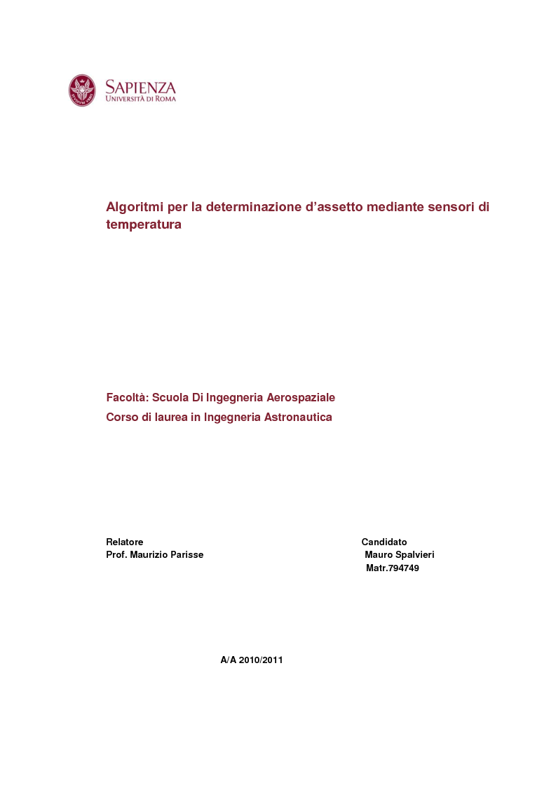 Anteprima della tesi: Algoritmi per la determinazione d’assetto mediante sensori di temperatura., Pagina 1