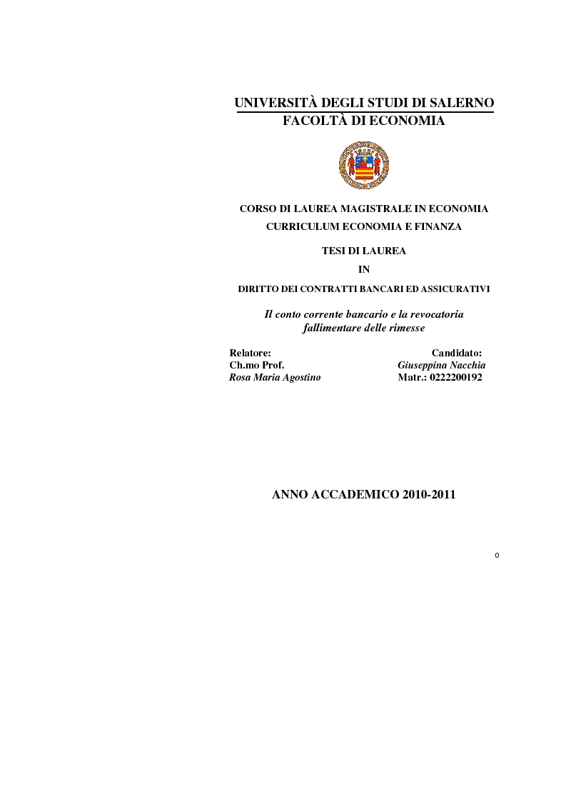 Anteprima della tesi: Il conto corrente bancario e la revocatoria fallimentare delle rimesse, Pagina 1