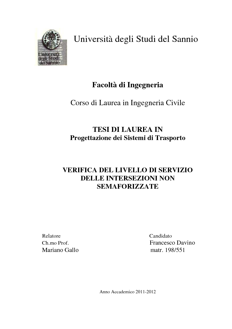 Anteprima della tesi: Verifica del Livello di Servizio delle Intersezioni non semaforizzate, Pagina 1