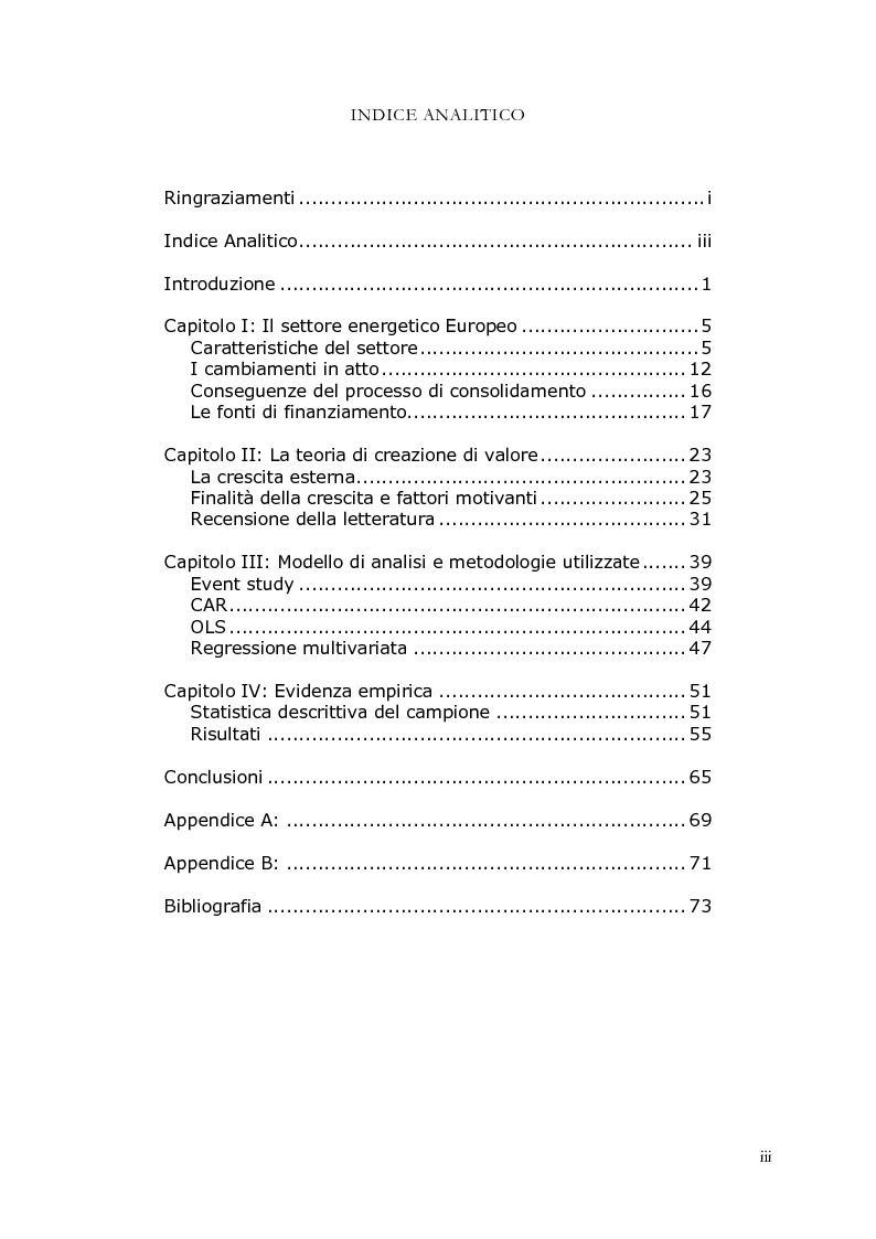 Indice della tesi: M&A nel settore delle energie rinnovabili in Europa: uno studio delle performance, Pagina 1