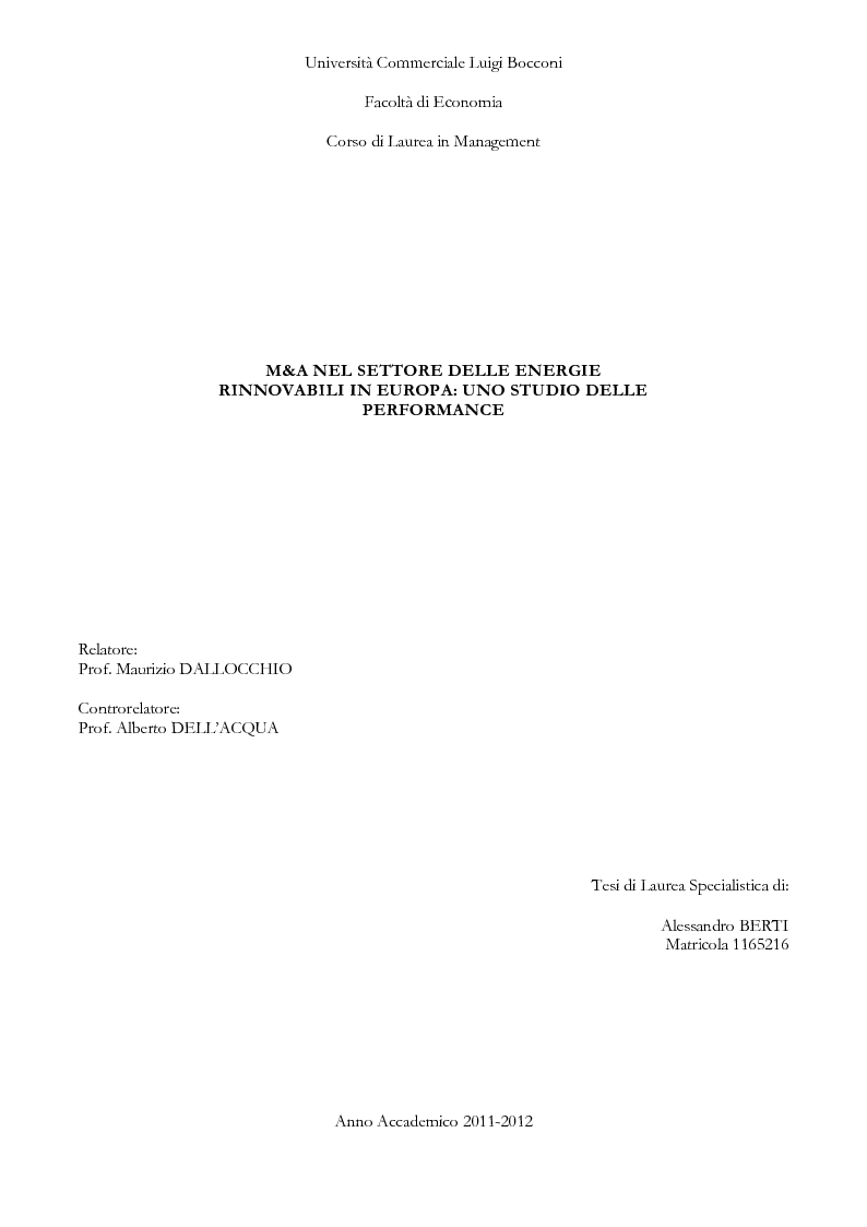 Anteprima della tesi: M&A nel settore delle energie rinnovabili in Europa: uno studio delle performance, Pagina 1