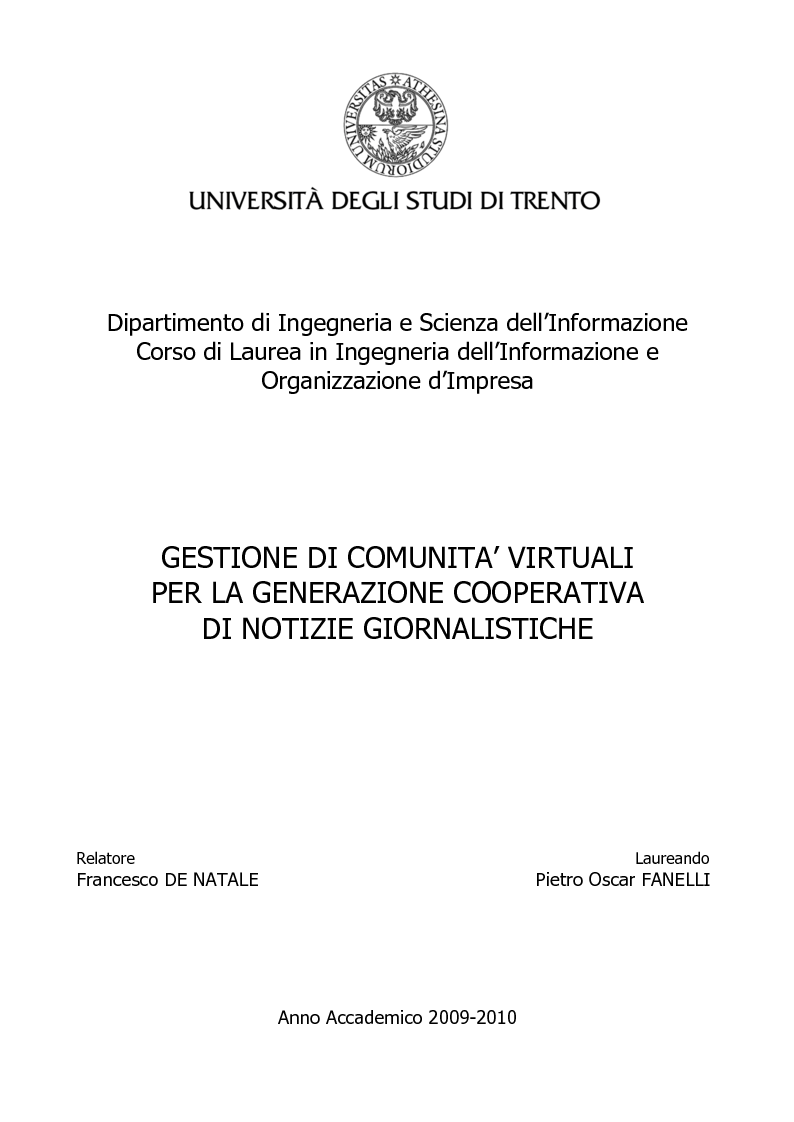 Anteprima della tesi: Gestione di comunità virtuali per la generazione cooperativa di notizie giornalistiche, Pagina 1