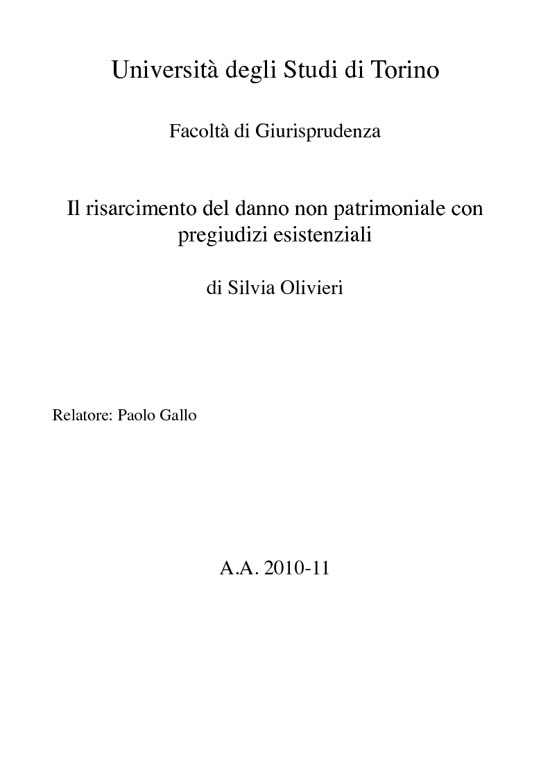 Anteprima della tesi: Il risarcimento del danno non patrimoniale con pregiudizi esistenziali, Pagina 1