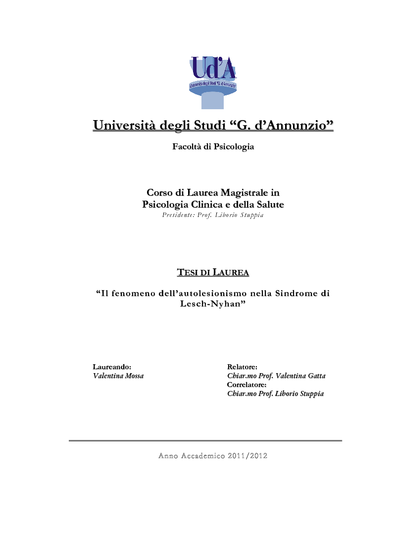 Anteprima della tesi: Il fenomeno dell'autolesionismo nella Sindrome di Lesch-Nyhan , Pagina 1
