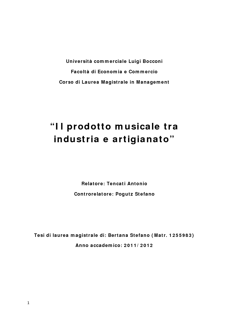 Anteprima della tesi: Il prodotto musicale tra industria e artigianato, Pagina 1